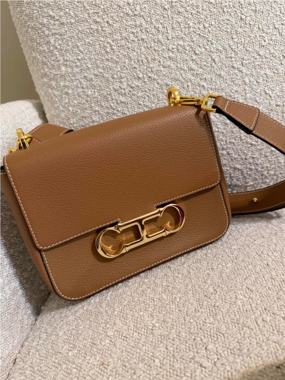 Carolina Herrera Brown Leather Shoulder Bag with Gold Hardware
